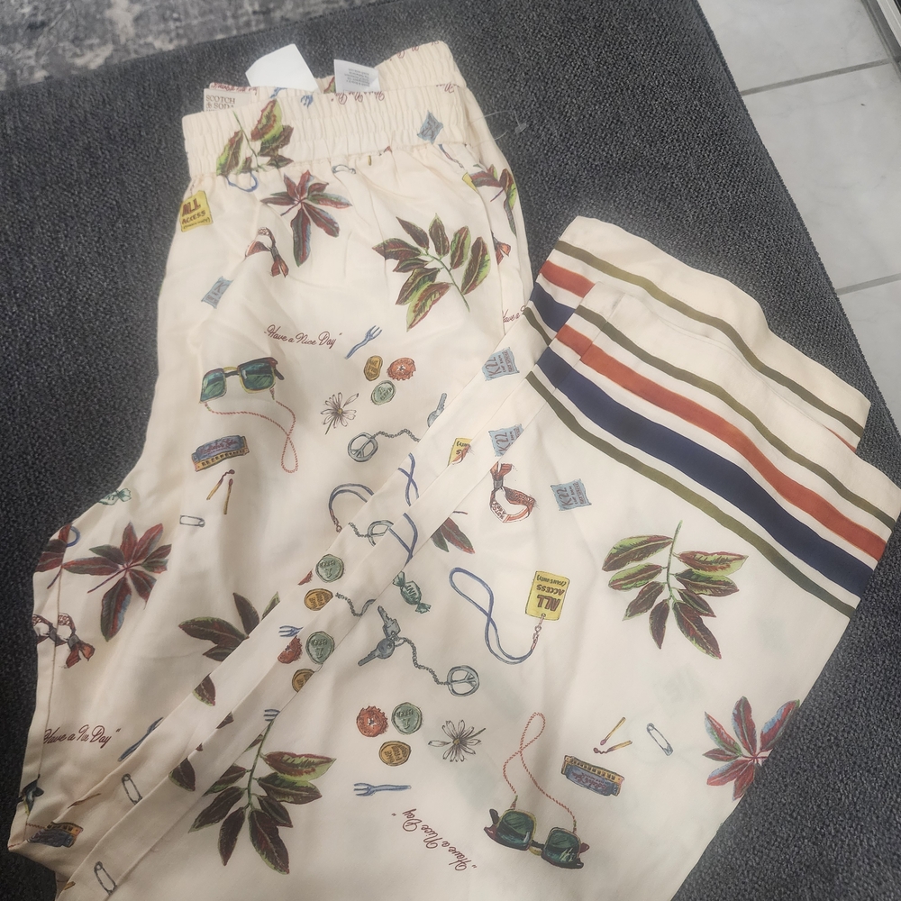 Scotch & Soda Cream Wide Leg Pants with Multicolor Print NWT